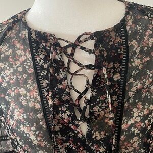 Barneys New York Sheer Floral Lace Up Blouse Black Romantic Boho Top XS